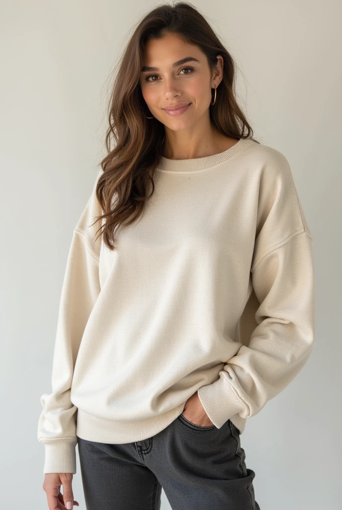 A piece of clothing: gray round neck sweatshirt