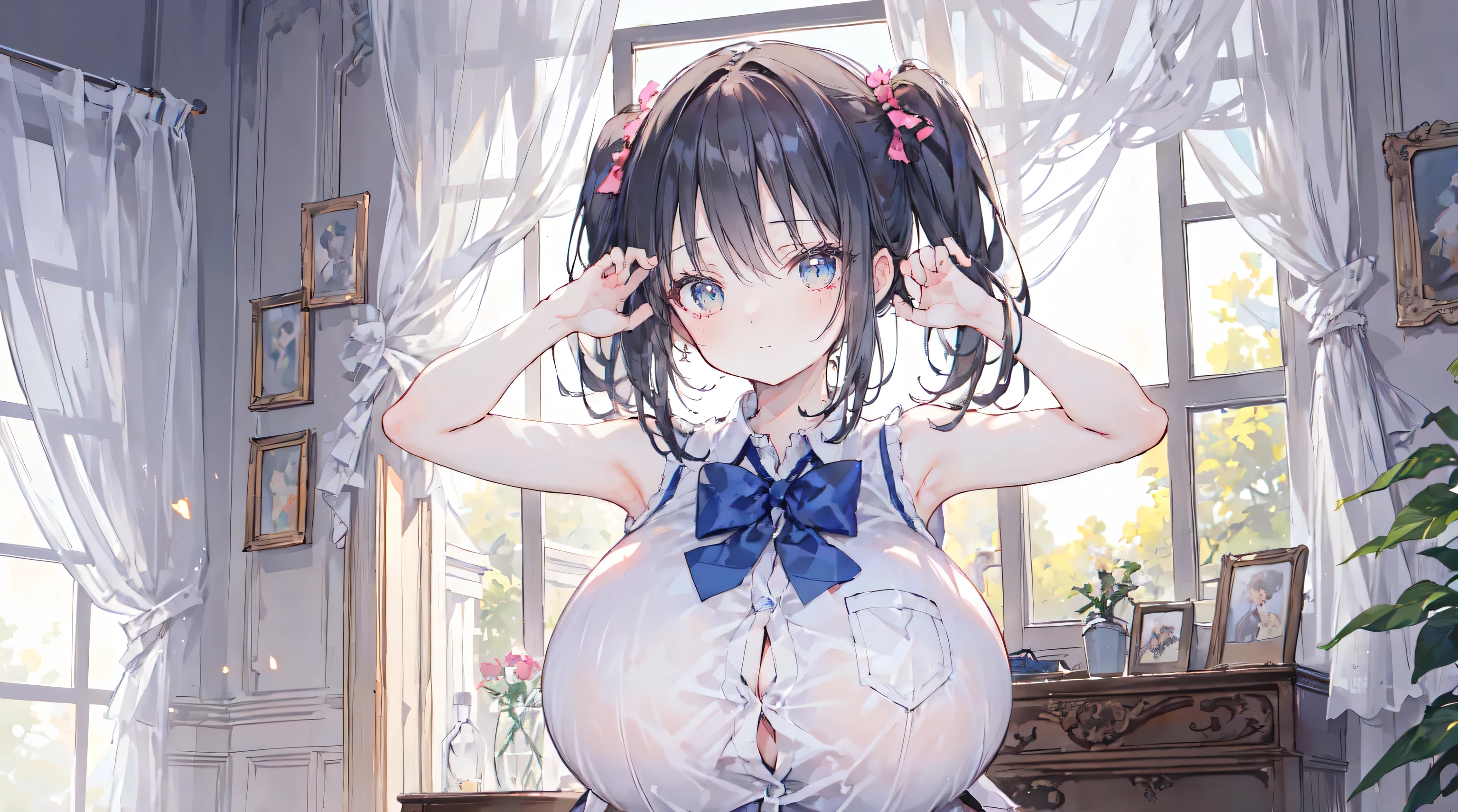 (( sleeveless school uniform)),(((very young girl))),upper body,side view,(gigantic-breast),standing,naked,raise both arms,Fairytale room,beautiful eyes,beautiful eyes,detailed face, 8k resolution,HD,beautiful illustration,ultra quality,twin tails,