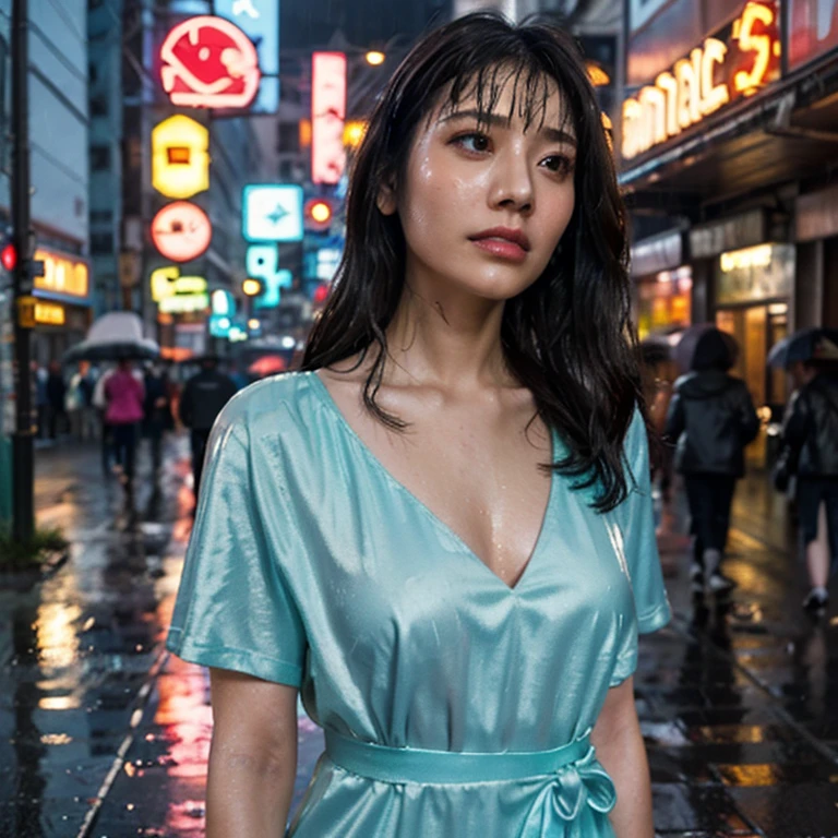 Prompt: "A rainy cyberpunk street in a dystopian future city, with neon signs in pink, blue, and yellow casting reflections on the wet pavement. A japanese female replicant with a synthetic yet human-like beauty stands under a neon sign, wearing a sparkly silver mini dress, her hair in a voluminous 1980s perm. She looks up at the sky with a longing expression, rain dripping down her face."