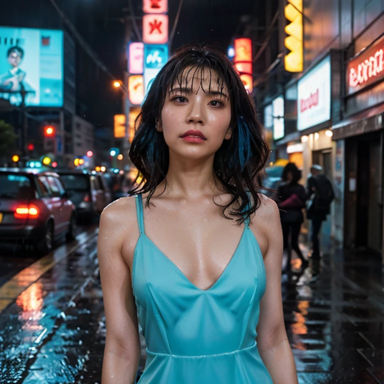 Prompt: "A rainy cyberpunk street in a dystopian future city, with neon signs in pink, blue, and yellow casting reflections on the wet pavement. A japanese female replicant with a synthetic yet human-like beauty stands under a neon sign, wearing a sparkly silver mini dress, her hair in a voluminous 1980s perm. She looks up at the sky with a longing expression, rain dripping down her face."