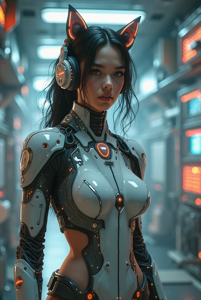 Semi-realism, girl in futuristic outfit with cat ears and headphones, Chica cyborg, girl with cybernetic Mecha armor, masterpiece 
