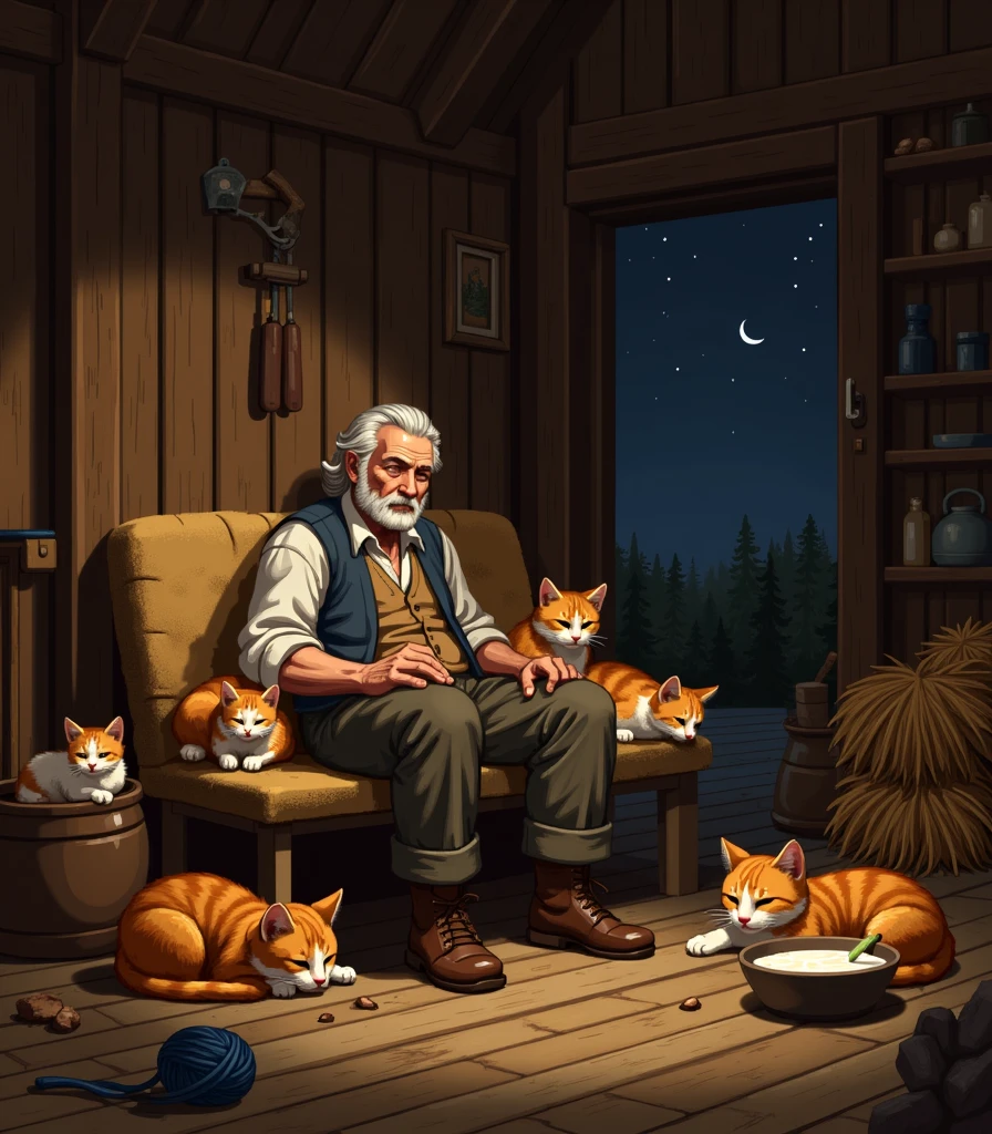 a peasant at a barn resting at night with his cats. some cats are sleeping, others are playing with a ball of yarn, some cats are drinking milk