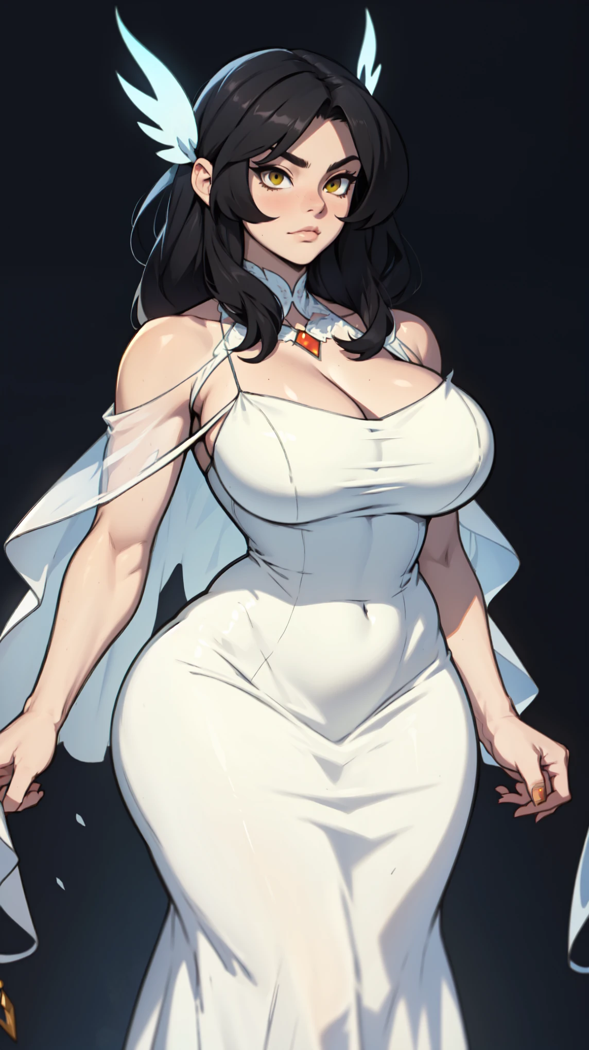 girl muscular toned body perfect anatomy large breasts thick thighs athletic black hair yellow eyes pale skin girl muscular toned body perfect anatomy large breasts thick thighs athletic evening gown evening gown intricate highly detailed thick
