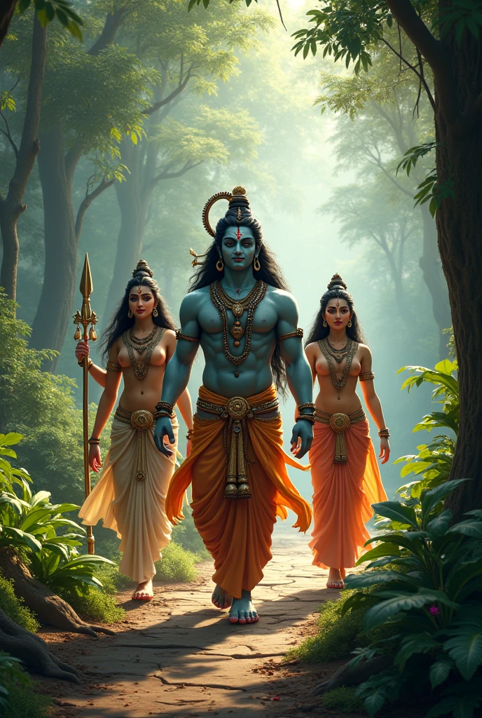 Lord mahadev and parvati walking with ganesha and kartik 