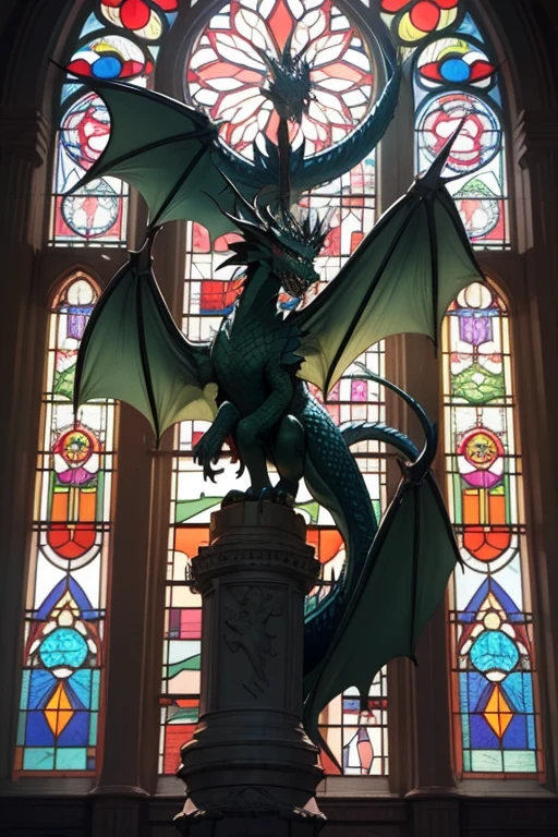 a picture of a stained glass window of a majestic gothic dragon, intricate art, by Mario Dubsky, stained glass art, amethyst stained glass, detailed art in color, by Robert Richenburg, by Adrienn Henczné Deák
