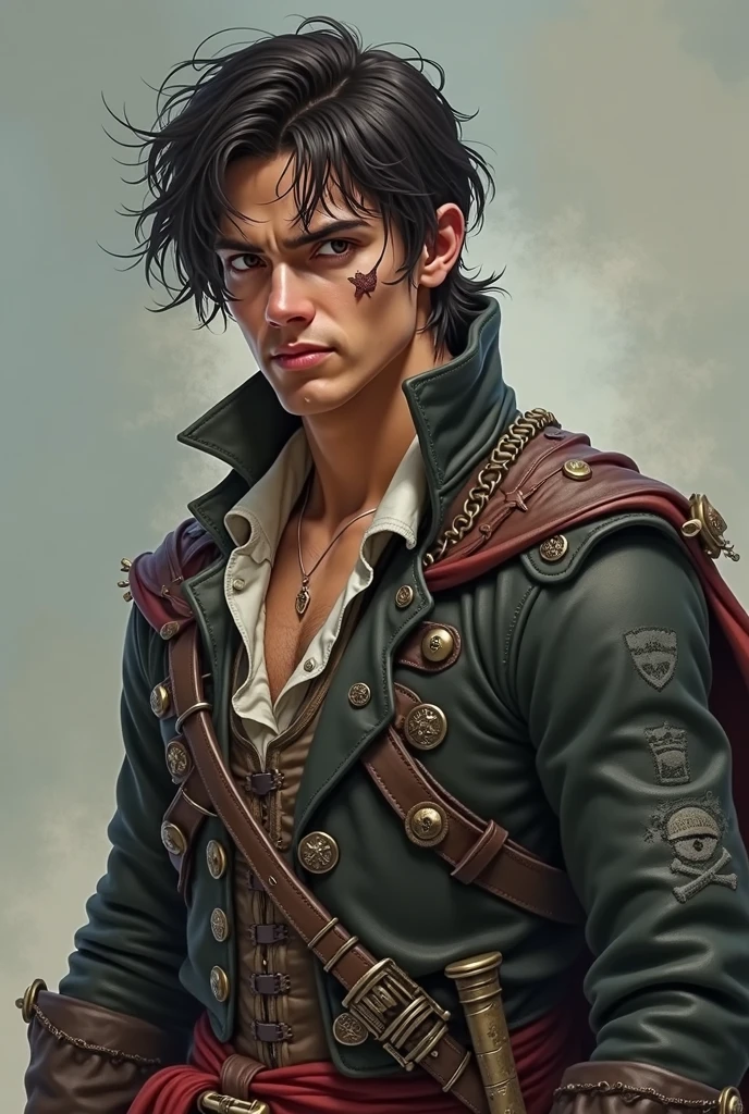 Make an image of a pirate with these characteristics

Appearance: Ace has short, dark hair, with some stubborn locks that always seem to be lifted by the wind, He wears a worn leather jacket, adorned with several patches and a cape that flutters in the wind. On his side he wears a sword with a straight and sharp blade, gift from an old pirate. His face is marked by a scar that crosses his right eyebrow. 