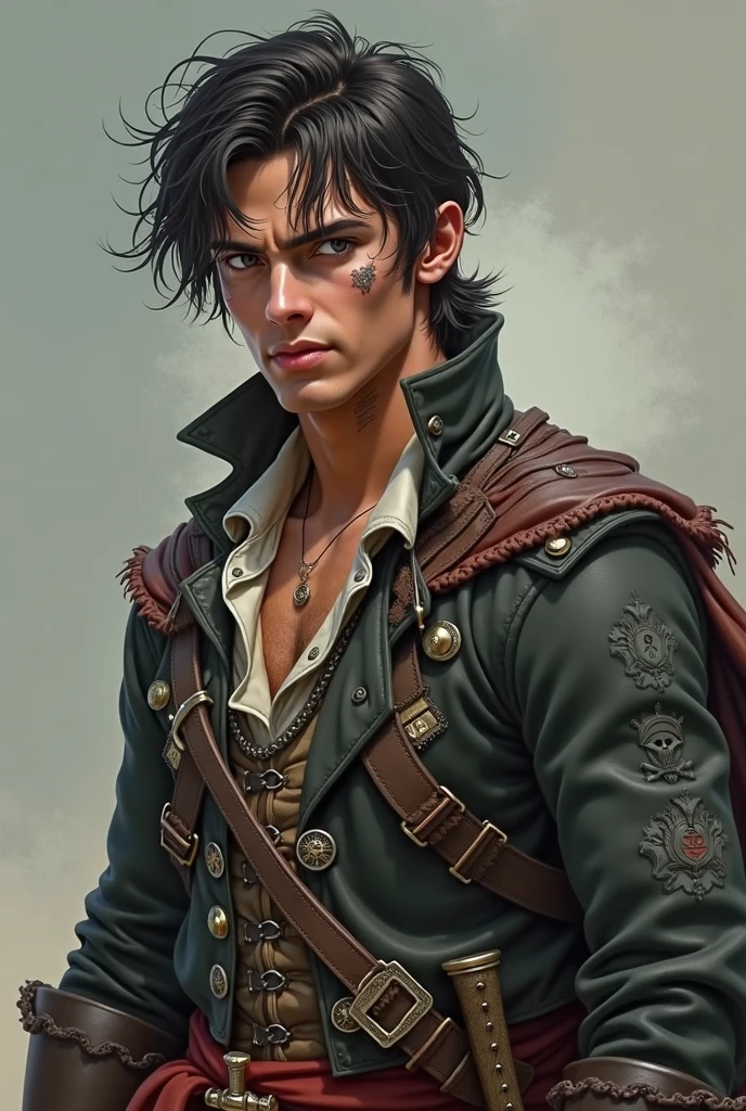 Make an image of a pirate with these characteristics

Appearance: Ace has short, dark hair, with some stubborn locks that always seem to be lifted by the wind, He wears a worn leather jacket, adorned with several patches and a cape that flutters in the wind. On his side he wears a sword with a straight and sharp blade, gift from an old pirate. His face is marked by a scar that crosses his right eyebrow. 