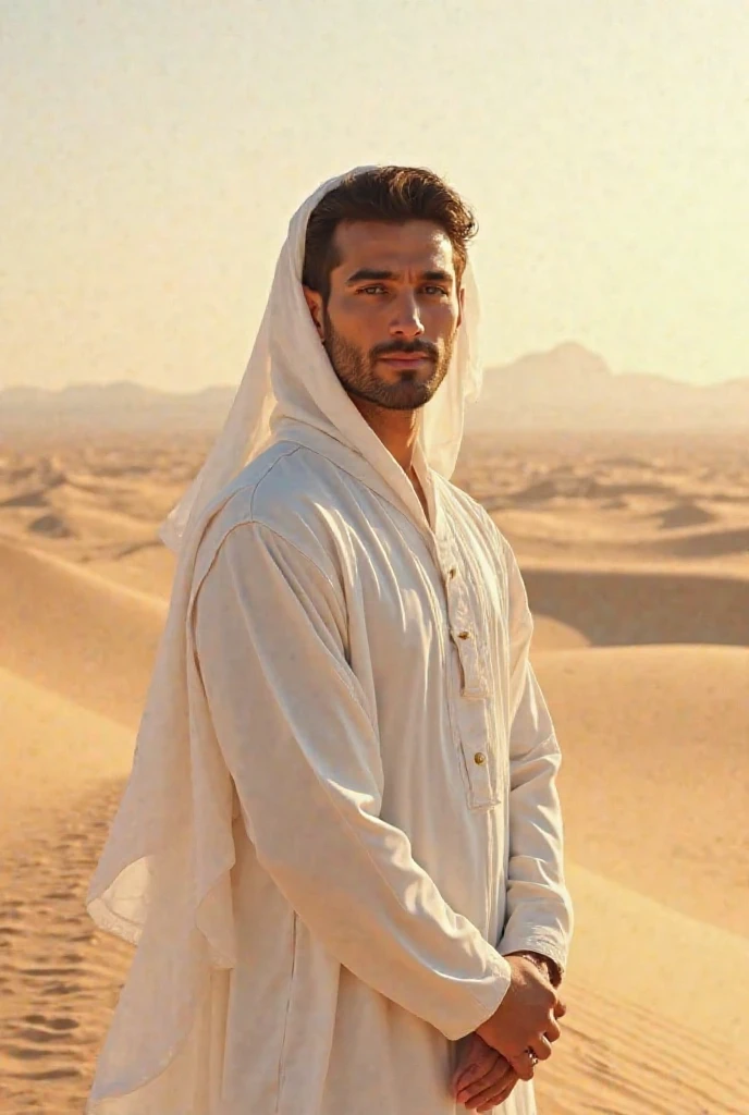 a beautiful model cyberpunk criminal young man, strong muscular man, dark hair, grey eyes, tattooed, short beard, standing in a desert oasis, bare chest, Arabic turban, white linen trousers, looking away from camera, (holding a falcon on forearm:1.3), Skin Textures, High Resolution, Cinematic