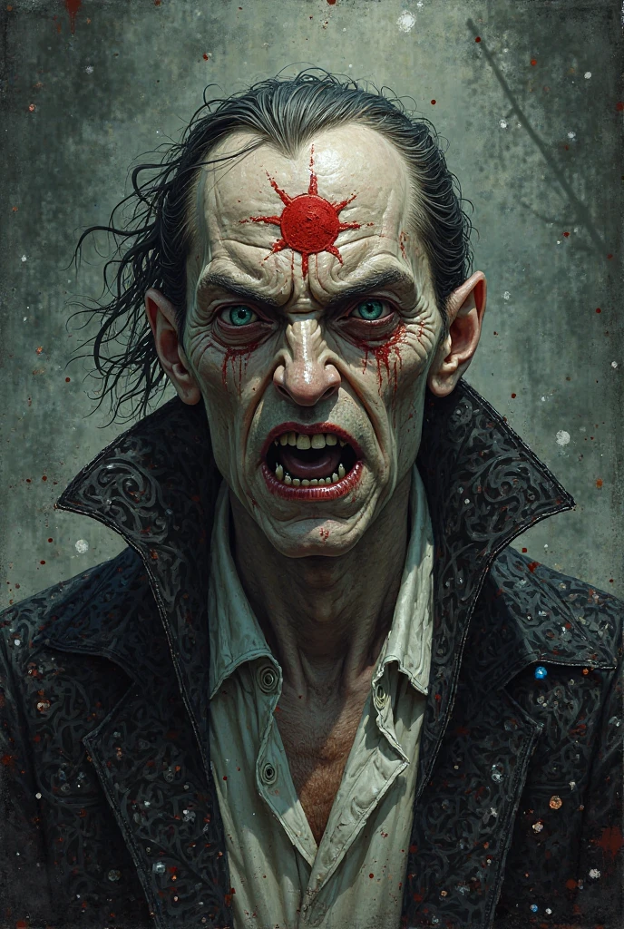 Young man with pale skin and snow white. 25 years old, beard shaved at the chin. Red eyes and iris of his eyes is black. He has vampire teeth, white hair, bare-chested, muscular and athletic. We see several black veins of reemerged on his body and he has four long tentacles in the back which have a pointed dart at their ends. Medium photorealistic style plant 8K.