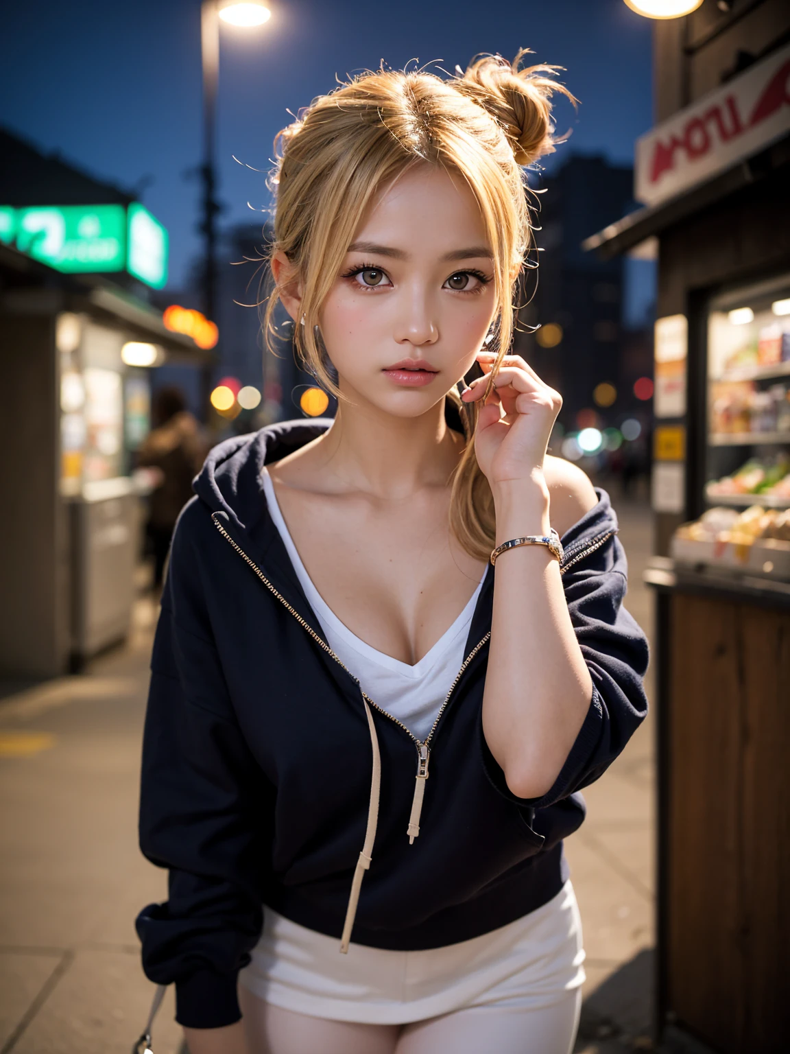 close-up portrait of a blonde gyaru with tanned skin wearing a hoodie with the hood up, looking up at the viewer with a slightly defiant gaze, glossy lips slightly parted, bold makeup with thick lashes and contour, soft glow from a streetlamp behind her casting backlight on her hair, short skirt and  collarbone visible in frame, convenience store bag strap hanging from her wrist, hair in messy bun, twin tails, or side ponytail, nighttime urban background blurred, realistic style, high detail, not , not showing , not blurry, not deformed, not extra limbs
