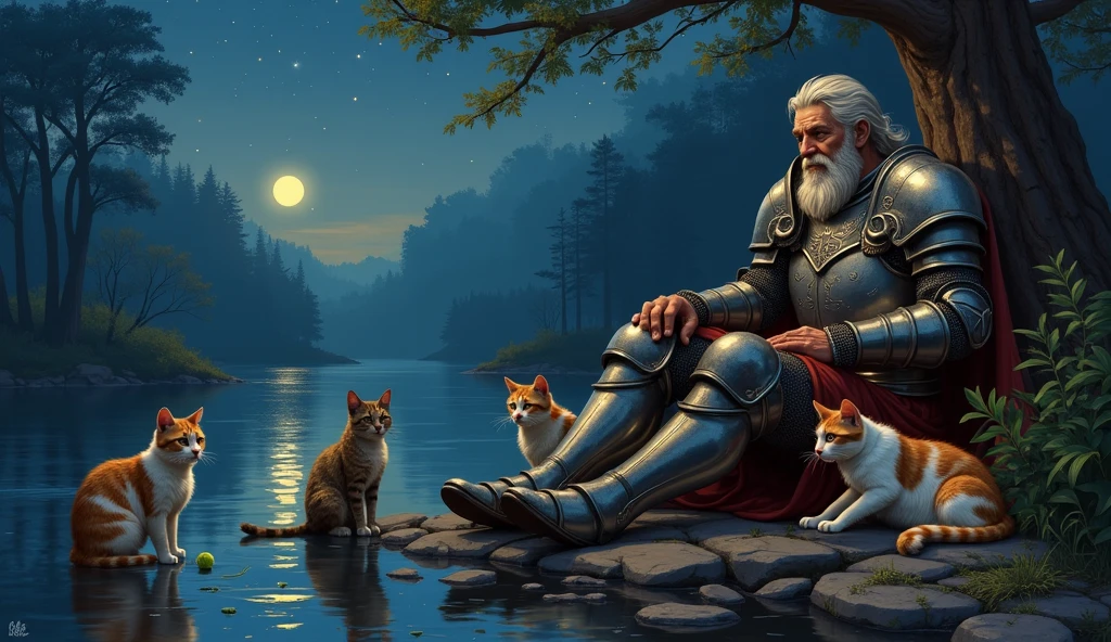 a knight close to a river resting at night with his cats. some cats are sleeping, others are playing with a ball of yarn, some cats are drinking milk