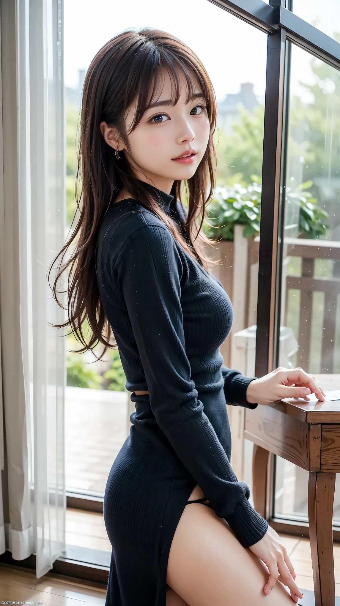 8k, best quality, real picture, intricate details, ultra-detailed, ultra highres, depth field,(photorealistic,realistic:1.2),masterpiece,4k,high-res, best quality, 1girl, (extremely beautiful face),Japanese, finely detailed skin, (cinematic lighting), collarbone, soft lighting, dynamic pose, [:(detailed face:1.2):], slender, pointy breasts,backlighting, lipstick, medium hair,full body, skirt,sweater, spread legs, show panties, panties with a lot of frill