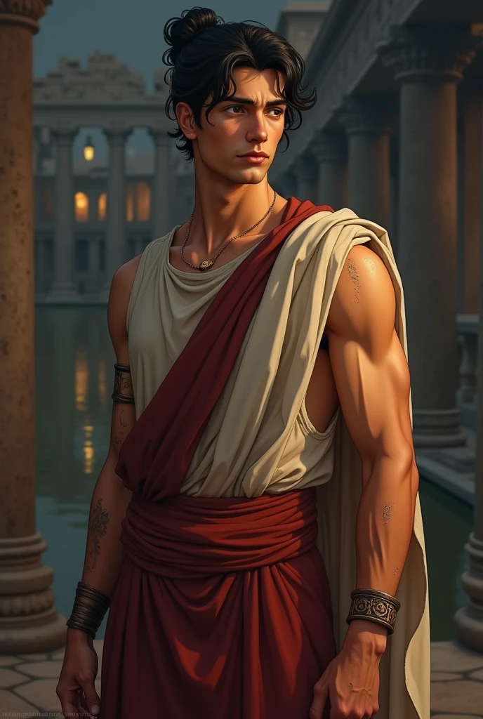 A young, kind and pretty Roman alchemist from 300 BC. His body is slender and elegant, more reminiscent of a scholar or artist than a warrior. His skin is fair. His hair is thick and black, kept in waves in a simple bun. His dark amber eyes, a deep, ancient gold, have a gentle glow. His lips are thin and well-defined, and he is dressed in fine, dyed linen robes. His arms and hands tell another story: small chemical scars, calluses from tweezers, and subtle burns on the fingertips. He is carrying a bag of components at the waist and is standing in a night scene in Rome.