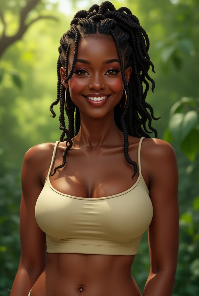 very dark skin ghanaian woman with big breasts, full lips, big butt, at park, braids, tank top, smiling, looking straight, busty