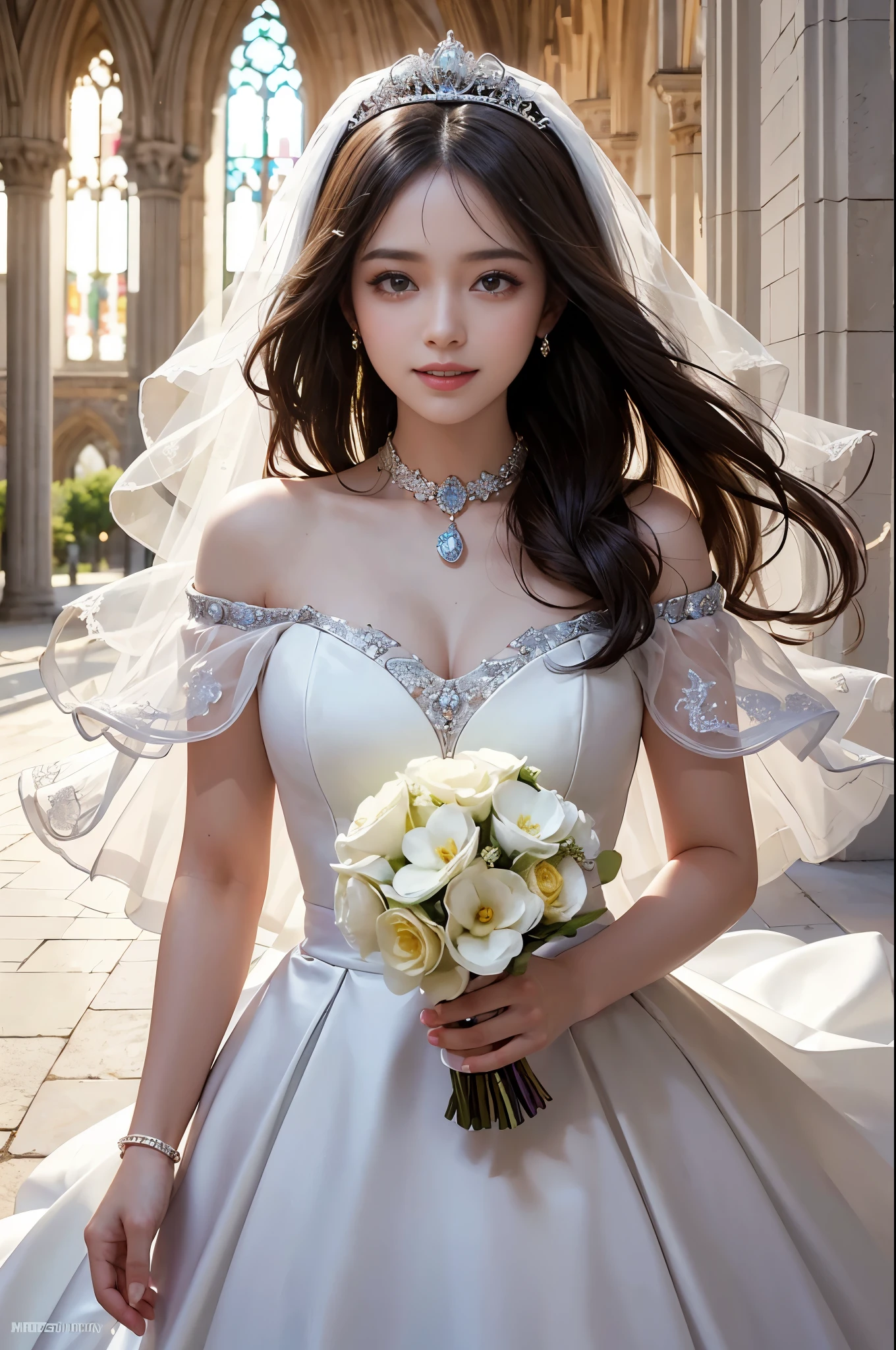 best quality, masterpiece, There&#39;s only one woman, yak, cute teen, shiny lips, sweet, sun glare, Conservative attire, wedding dress, bridal tiara, depth of field, blurred background, Cathedral Background, light particles, strong wind, head tilt, long hair, 