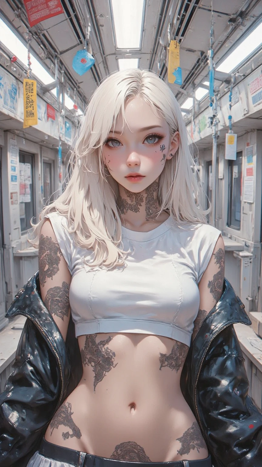 Beautiful female college student in the city，masterpiece，light makeup，Red Lip，Silver Hair，Disheveled long hair，Street Background，Grace，grace。Ultra-fine detailasterpieces，Authentic texture，Realism in film lighting，Perfect piece，8k，KHD，Delicate facial features，White skinny turtleneck top，Slim figure，Big bright eyes，Smooth skin，ear discharge，Choker Necklace,(((He has many tattoos all over his body)), (((Tight waist))), ((Big Breasts)),((See-through))，panties，Berry Shorts