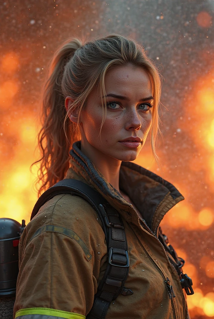 Create a hyper realistic image of a blonde woman dressed as a firefighter