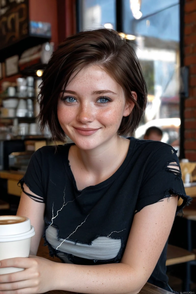20 years old, french girl, (short hair, dark hair, pixie hair, bangs, sided hair), sweet smile, pov, view fro above, smile, freckles, indoor, school, leaning on my desk, tank top, small breast