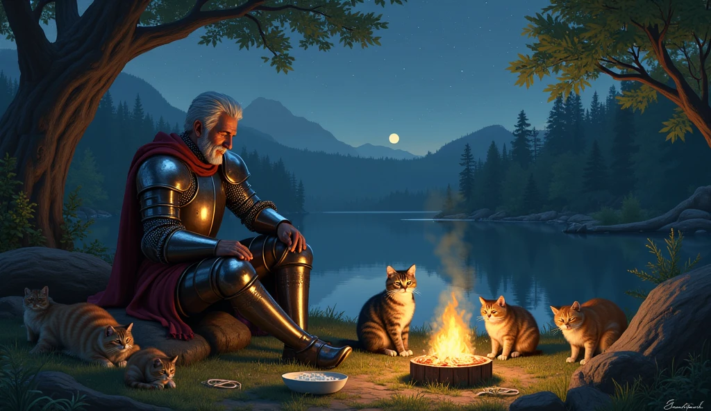 a fully armored knight close to a river resting at night with his cats. some cats are sleeping, others are playing with a ball of yarn, some cats are drinking milk