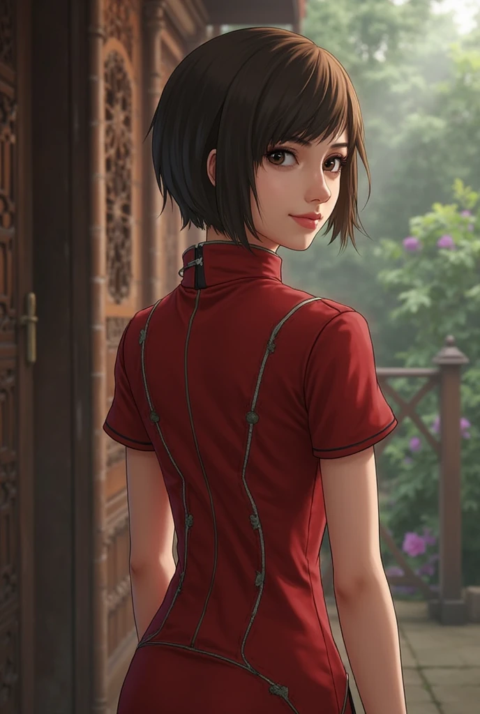 1 fille， solo， Ada Wong dans Resident Evil 4 Remake， cheveux courts et détaillés， Cheveux couleur brune， cheongsam rouge， chemise à manches courtes， ， seins moyens， membres supérieurs， arrière-train， talons noirs， Le visage d'Adriana， Trouvez votre public， sourire narquois， Un pistolet était accroché à sa taille， meilleure qualité， haute résolution：1.2， village du XVIIIe siècle en arrière-plan， ombrage， cauchemar， rayons de lune， Photographie du haut du corps， angle de caméra bas、profondeur de champ、 center focused 