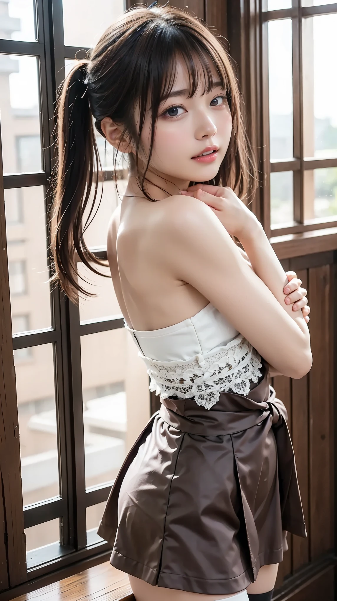 inside a hotel room , age 25, on the bed, ((tied behind your back 、 please raise your hips、put in、Deep joy、 severe pain 、Ecstatic Eyes :1.2),despair, (( closes one eye 、Take a deep breath:1.2))、 ecstatic face、 natural cosmetic, Climax expression、 look up 、 staring at the ceiling 、endure:1.5)), clench your teeth、The whole body is projected, Granblue Fantasy: beautiful, Frilled Lace Stockings at the Waist Lying on a Man's Back ( Lovely gentle face) Put the giant Cleevidge 、 thighs facing each other thighs、 Gothic Headdress Gothic Fashion、 flared skirt 、 growing skin、 Cleevidge 、lots of ruffle socks、 Long Silver Wave Hair 、 Official Art, highly detailed CG Unity 8K wallpaper , (masterpiece:1.0),( top quality :1.0), photo shoot, 8k, Be careful when reading barefoot , high resolution, Kodak Portrait 400, film grain , lens flare glow, audience