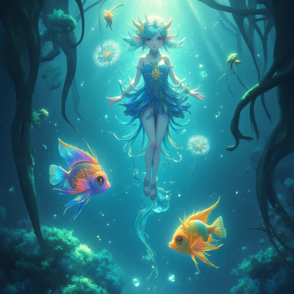 A magical anime girl with long blue-green hair and sparkling star eyes, soft elf-like ears and a small horn on her forehead, floating in a dreamy underwater world. Tiny dandelion-like glowing particles float around her, while three vibrant fantasy fish (blue-orange, gold, and green-speckled orange) swim gracefully nearby. The background features shimmering water and bubbles in deep ocean tones, blending soft lighting and painterly textures. Adopting the soft, dreamy style of Japanese anime, it combines the lighting aesthetics of Studio Ghibli and Makoto Shinkai to blend fantasy charm with underwater elegance.