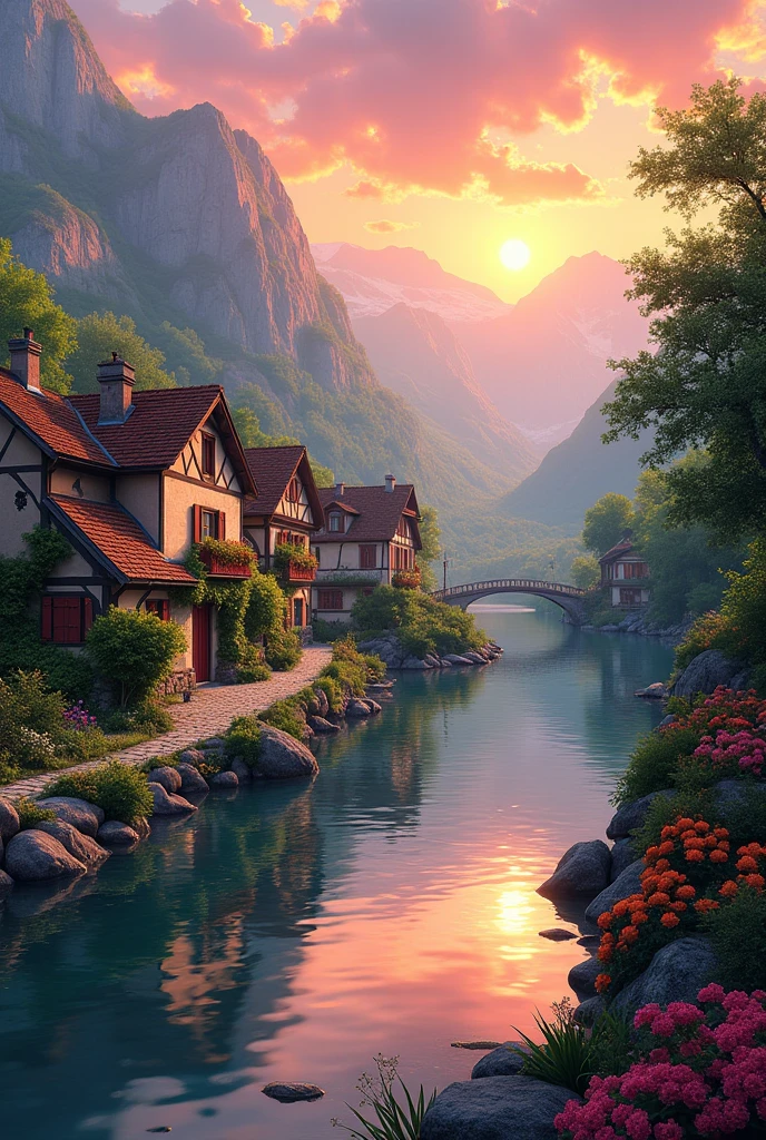 A small village by the river, mountains in the background, colorful flowers, detailed landscape style, beautiful natural scenery, atmospheric lighting,  scorching sunset ,  warm colors, practical, photographic, detailed foliage, complex buildings , cobblestone street, charming country house, vibrant colors, lush vegetation, reflections in the water, pitoresco, idyllic, work of art, Best Quality, 8k, extremely detailed, anime style