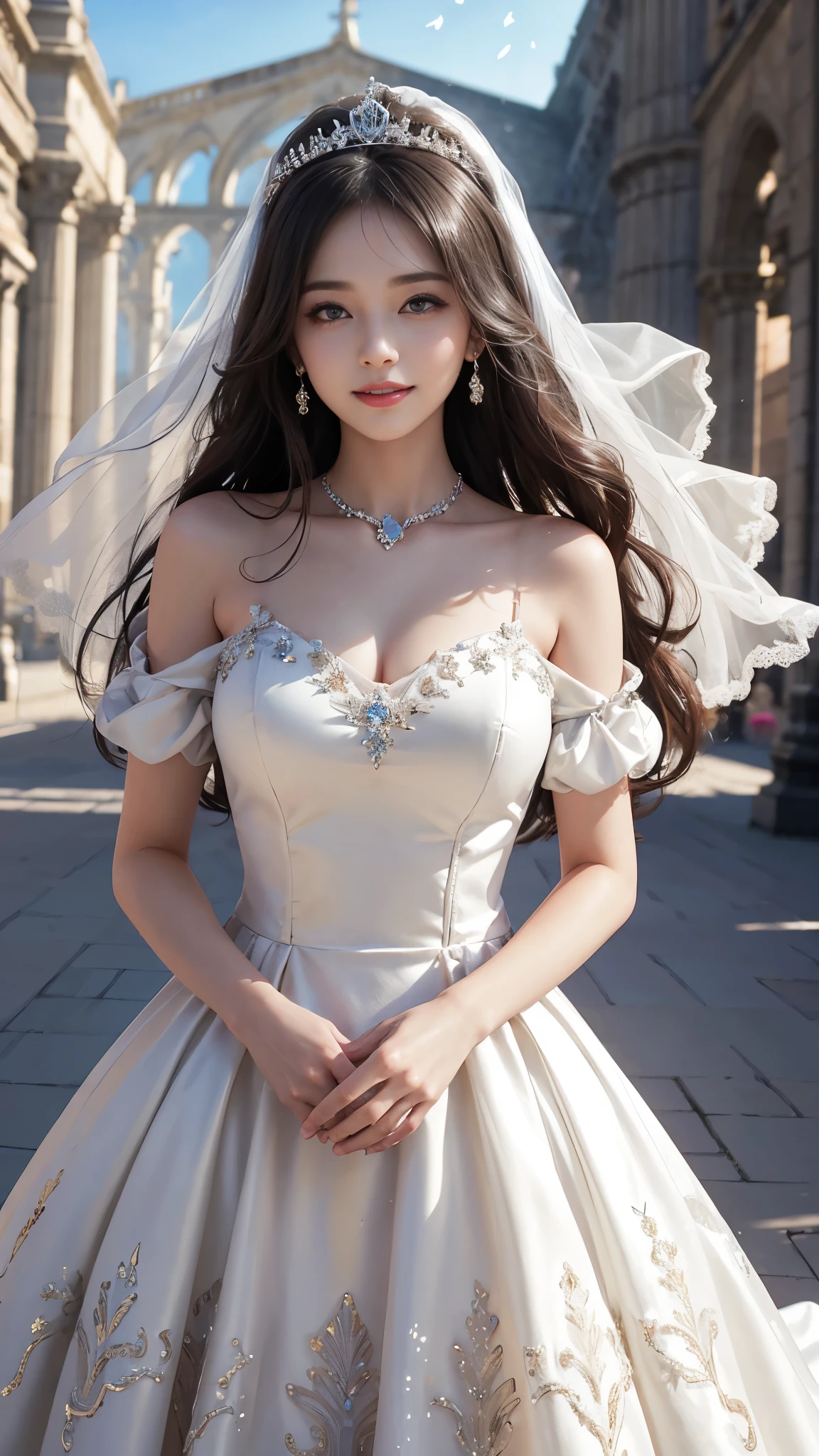 tmasterpiece，Best quality Wearing a white wedding dress Trotting with a skirt Smiling Fair skin Beautiful face Harmonious facial features Body and facial nobility in line with popular aesthetics Face slimming