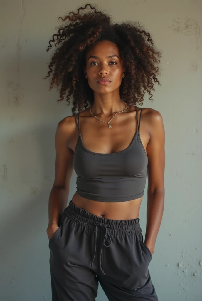 A skinny latina girl with curly hair and big breasts & average back. warring shot pant & top taking a realistic photo