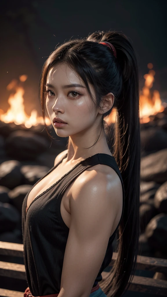 Highest quality、Highest quality、Masterpiece、girl((American、half、18-year-old、as soon as、Highest Bust、Medium Bust、Wide open chest、Red glowing eyes、Black Ear、Red Mesh、Disheveled Hair、Loincloth、thin、The best valley、Open chest、hair ornaments、Full body view、pants、Sports Bra、Random Pause))、high quality、Beautiful Art、background((military base))、flight、Flying Debris、Depth of text、movie、Visual Arts、Perfect Art、8K、Genuine、Special Angles