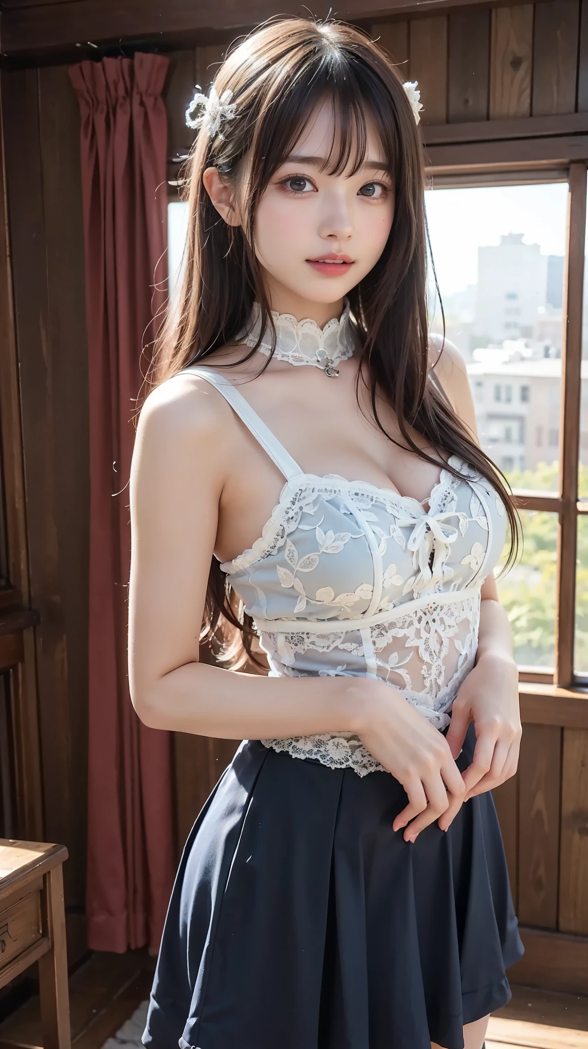 Wacoal,(bra&skirt:1.6),8K, Highest quality, masterpiece, Ultra-high resolution, (realism: 1.4), Original photo, (Realistic skin texture: 1.3), (Film Grain: 1.3), (Selfie angle), 1 Girl, Pink clothes, Sapphire eyes and beautiful facial details, masterpiece, Highest quality, close, Upper Body