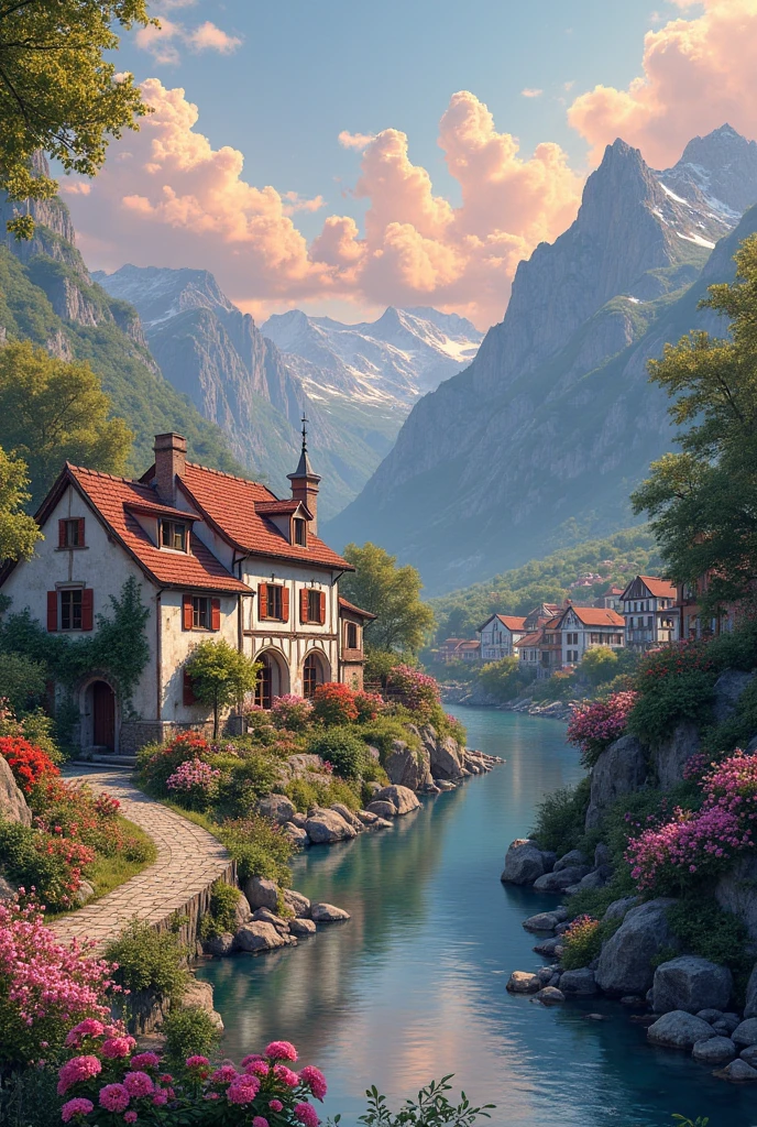 A small town by the river, mountains in the background, colorful floral flowers, detailed landscape, beautiful natural landscapes, atmospheric lighting, scorching sunset, warm colors, practical, photographic, detailed foliage, complex buildings, cobblestone street, charming country house, vibrant colors, lush vegetation, reflections in the water,  picturesque, idyllic, artwork, photos, 8K, extremely detailed, anime style