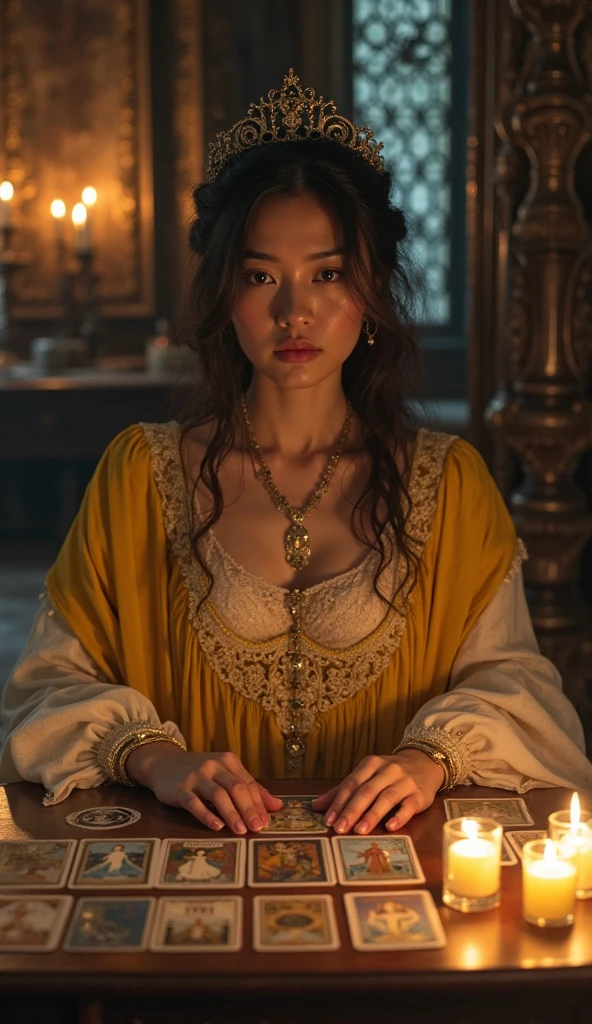 [INT. AN OLD PARLOR – NIGHT]

SOUND: The gentle crackle of burning candles. A faint whisper of wind brushes against tall, arched windows.

CAMERA: A slow tracking shot reveals a richly adorned room — ancient books line the shelves, candlelight dances across golden frames and carved wood, and a subtle mist lingers in the air, breathing life into the shadows.

NARRATOR (V.O., deep and enigmatic):
"In a time when fate was not chosen, but revealed… one woman held the key to what was yet to come."

CUT TO:

CLOSE-UP of the MYSTERIOUS WOMAN, seated at an ornate wooden table, its surface covered with antique tarot-like cards arranged in ritualistic precision. She wears a flowing yellow and white gown with layered fabrics and ornate details — reminiscent of a Romani fortune teller. A delicate crown rests on her dark curls. Her presence is regal, her aura magnetic.

She looks directly at the camera — with a piercing, knowing gaze, as if she sees beyond time and illusion, straight into the soul.

NARRATOR (V.O.):
"She does not predict the future… she unveils it."

SOUND: A soft metallic chime rings out as she slowly lifts one card — revealing an ethereal figure bathed in light.

CLOSE-UP: The card between her fingers, lit by the warm glow of surrounding candles.

WIDE SHOT: The room seems to shift — every candle burns brighter, as if reacting to the energy now awakened.

WOMAN (calm, hypnotic, looking straight into the camera):
"Are you ready… to know what awaits you?"

FADE OUT.

TEXT ON SCREEN:
“The Oracle”
Coming soon…