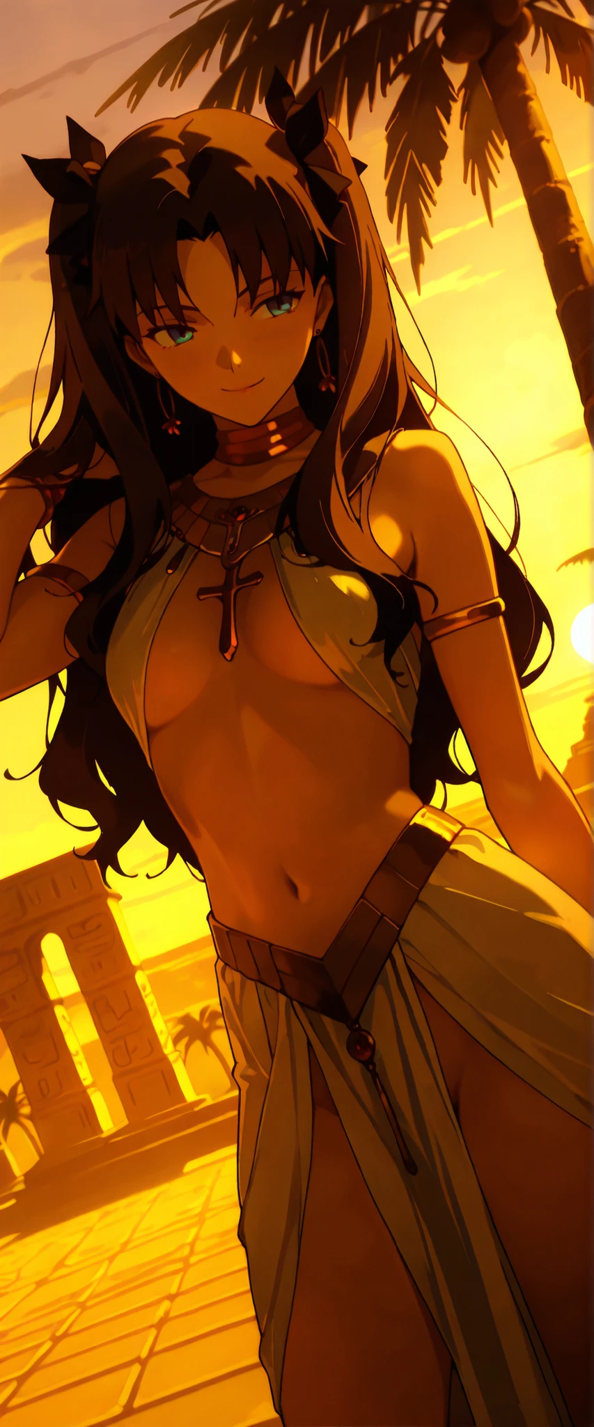 1 woman, tohsaka rin, dutch angle, dark hair, blue eyes, ancient egypt attire (revealing), pharaoh, beautiful jewelry, seductive smile, seductive pose, outdoors, ancient egypt city, palm trees, sunset, chiaroscuro, masterpiece, high quality, highly detailed