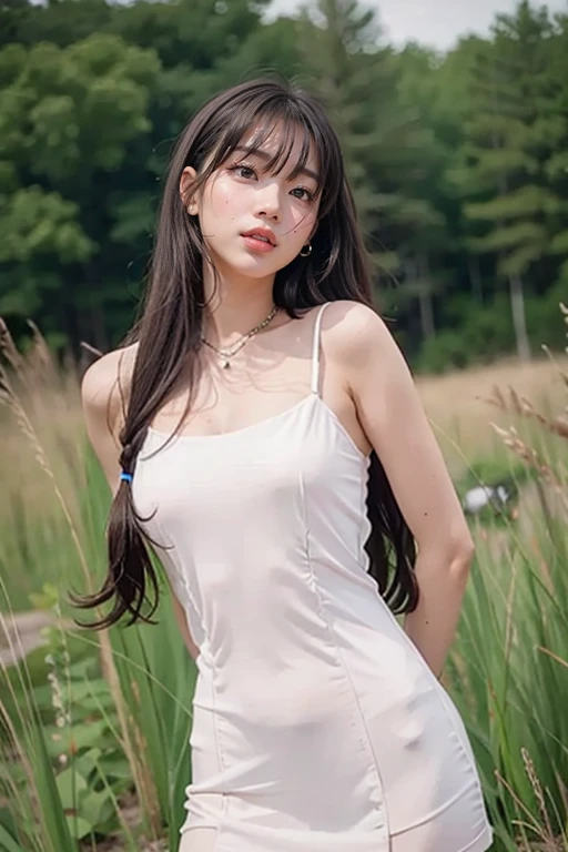 ((Best Quality, 8K, Masterpiece: 1.3)), A beautiful girl, pure, melon face, gentle and cute, thin figure, (frontal), (tilted head), looking directly at the camera, (((white T-shirt, light red high-waisted straight-leg wide-leg trousers))), black silky long straight hair, long hair flowing over the shoulders, round black big eyes, clear big eyes, watery red lips, sweet, sitting, blue sky and white clouds, sunshine, beach background,