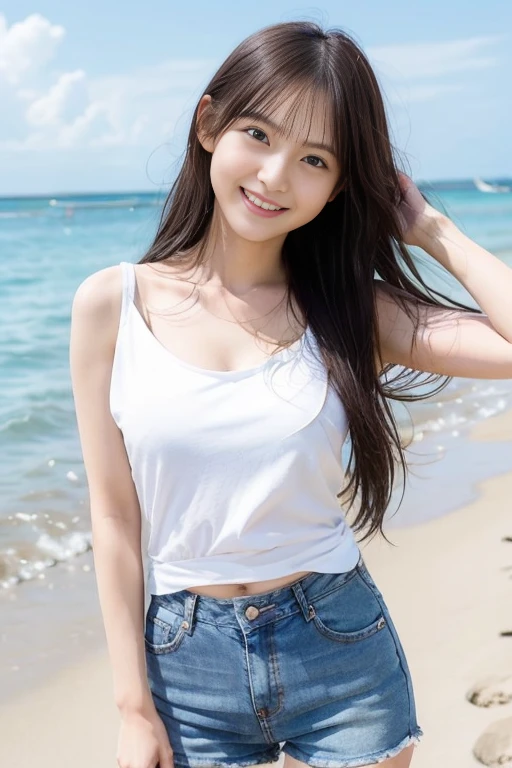 Angle from below、highest quality, (((whole body、squatting down)))、(((big breasts、Gcup)))、beautiful japanese girl,long hair、black hair、 Ocean, sandy beach, deserted island, (((WhitevneckTshirt))), smile with a sexual expression,