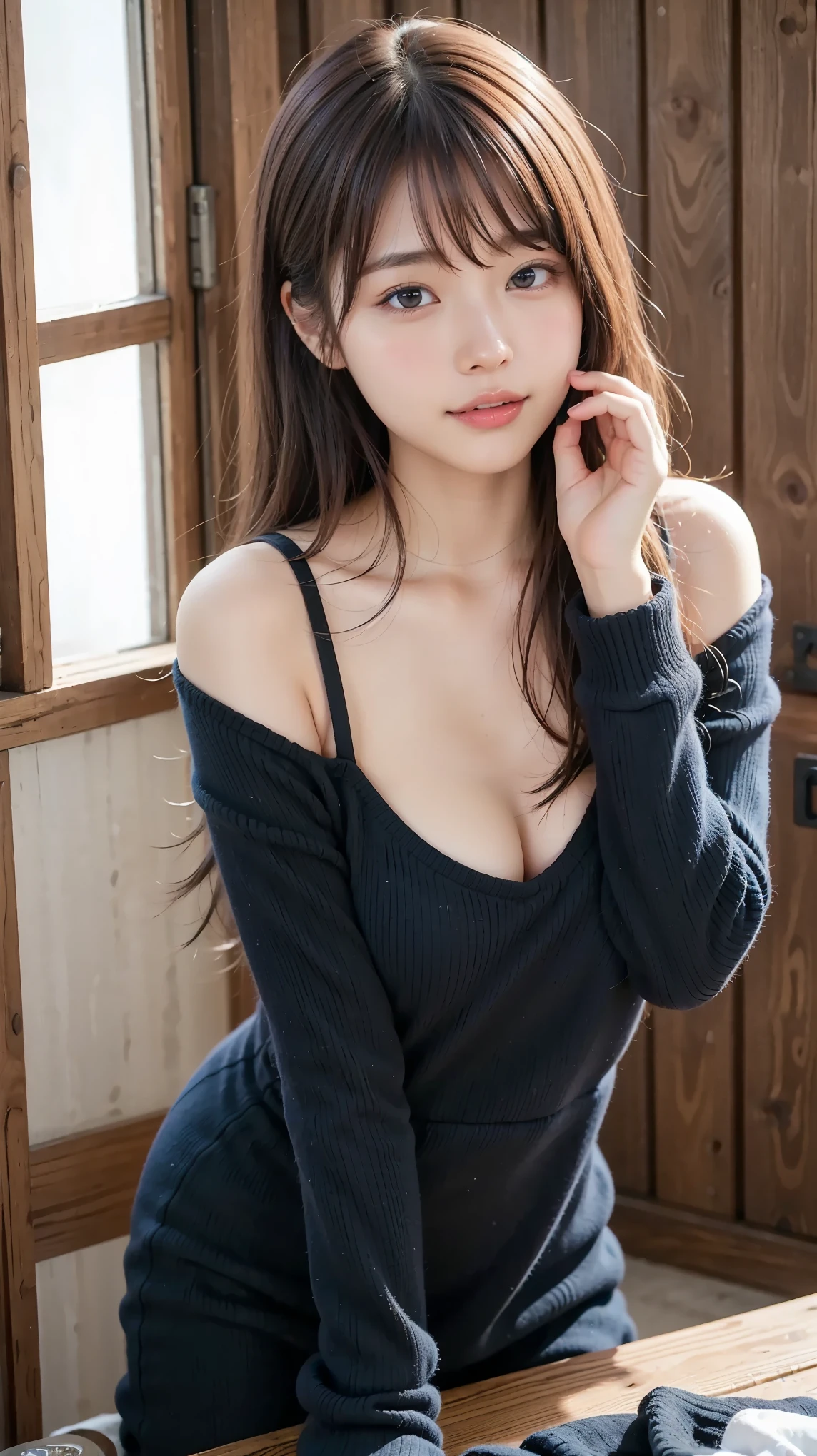 table top to pinch, top quality, shape, very well detailed, details, high resolution,  8k Wallpaper, perfect dynamic composition, beautiful details,  natural lips, Long Sleeve Black Knit Dress, small breasts,  ランダムにcuteポーズ,RAW photo,K-pop idol faces ,cute,Face Up，ceremony,((random sexy pose、put in、Deep joy, Eyes of Ecstasy :1.2)), (( I take my breath hard:1.2))、ecstatic face、Climax expression、my whole body convulses