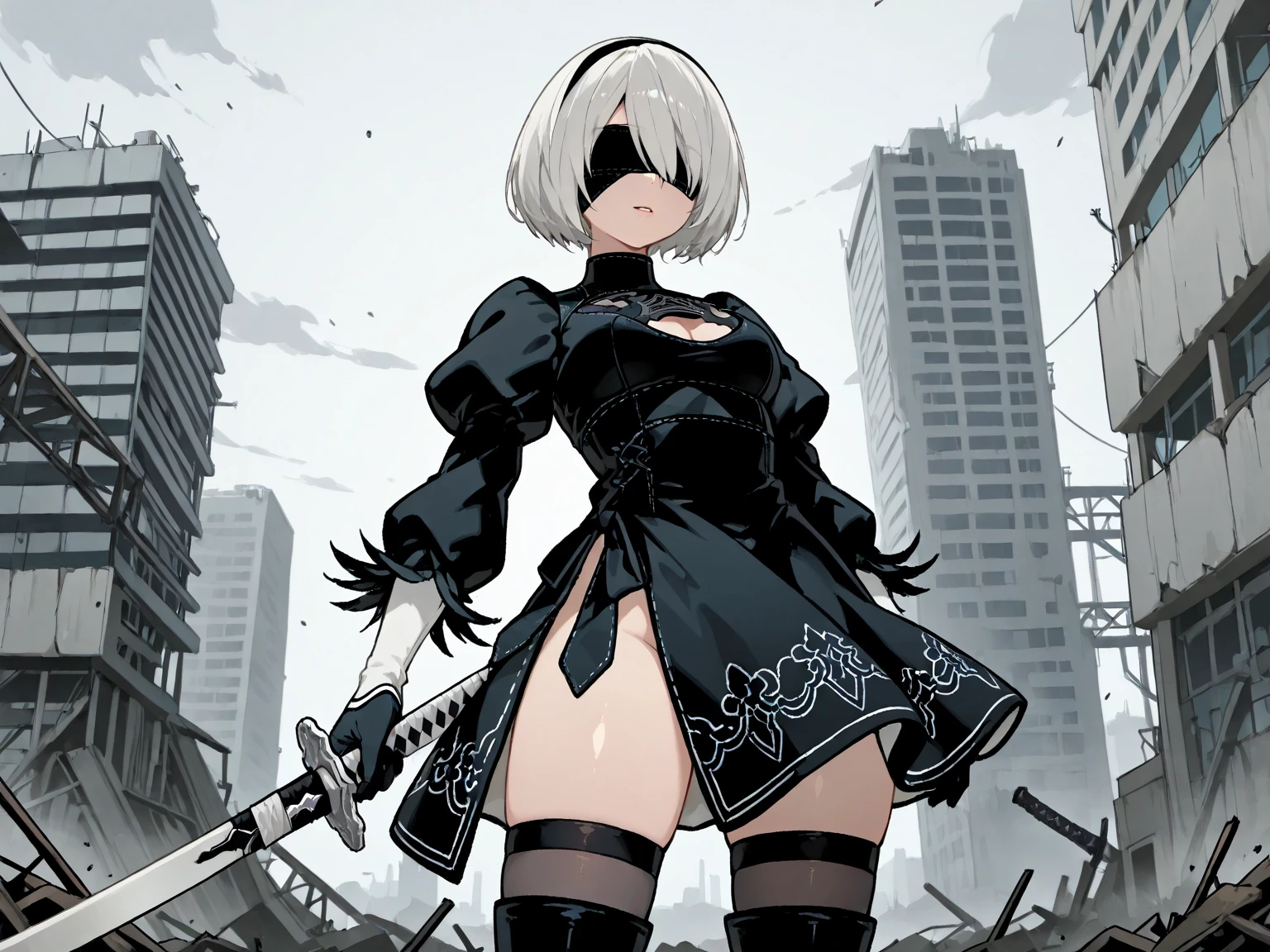 masterpiece, best quality, highres, hm2b, black blindfold, covered eyes, mole under mouth, clothing cutout, long sleeves, puffy sleeves, juliet sleeves, feather trim, black thighhighs, black gloves, black dress, black skirt, thigh boots, <lora:y2b_v2-1:0.7>, holding weapon, katana, night, cyberpunk,