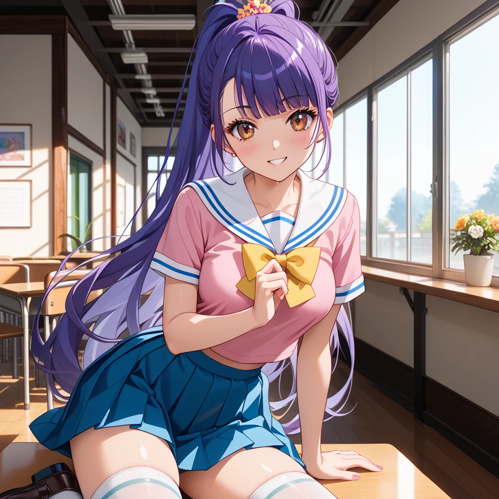 1girll, sitting on the classroom desk, Classroom, Purple colored hair,Blowing hair, Long hair, blue color eyes,Shining eyes,Detailed eyes,Skirt, Solo, upper legs, Sailor school uniform, navel, Pleated skirt, midriff, Blue eyes, White shirt, Collar, Smile, Medium breasts, view the viewer, Open mouth,,Large breasts,