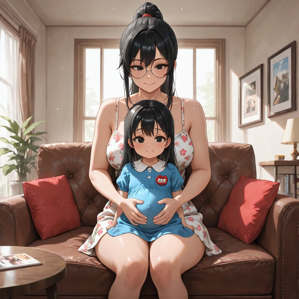 masterpiece,Premium,Amazing Quality,absurdity, BREAK, 2girl, living room, big , black eyes, black hair, Wearing a short floral dress,A pregnant woman who is full term, strong thighs , long hair, ponytail, little kindergarten girl with, sunny sunshine, smile, Comfort , round glasses, dolls with one eye , turns her head and kisses her husband lightly, a little kindergarten girl(stroking a kindergarten student's head, Looking at viewers and smiling, A dark-haired )Have them sit next to each other, , a harmonious and happy family