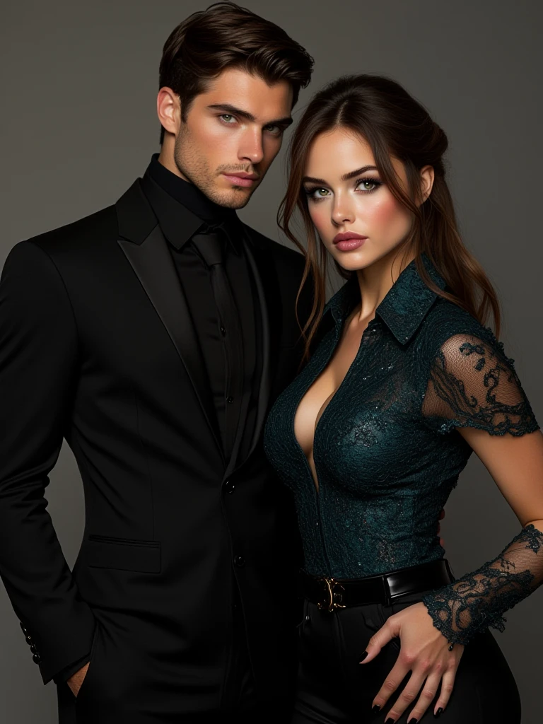 Mujer arafed con un vestido negro y un hombre con esmoquin., por Hedi Xandt, inspired por Hedi Xandt, Pajarita de miel, belleza asombrosa, dama seductora, belleza asombrosa, hombre y mujer, por Alexander Kotsis, una pareja elegante, hombre y mujer, mujer hermosa, bussiere y roberto ferri