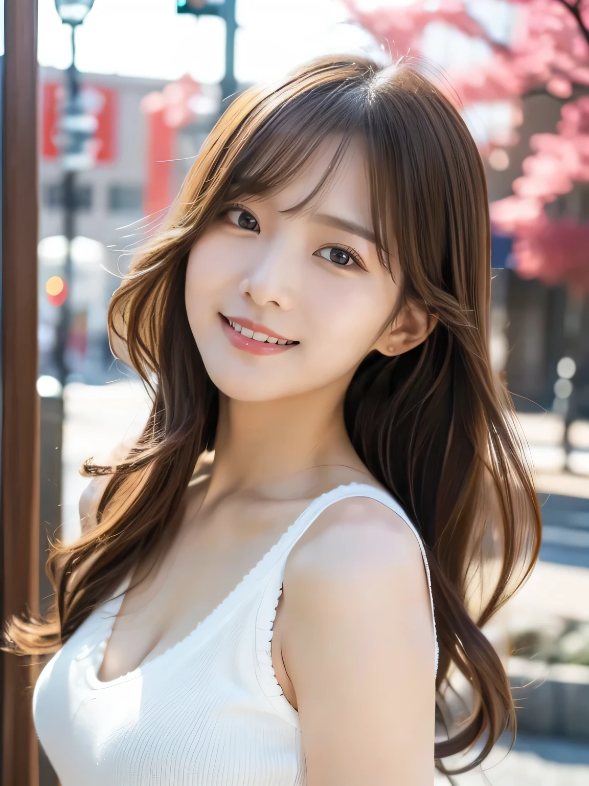 masutepiece, Best Quality, Illustration, Ultra-detailed, finely detail, hight resolution, 8K Wallpaper, Perfect dynamic composition, Beautiful detailed eyes, summer dress,Medium Hair, Big breasts, Natural Color Lip, Random and sexy poses,Smile,Aoyama Street Walk、20 years girl、Cute