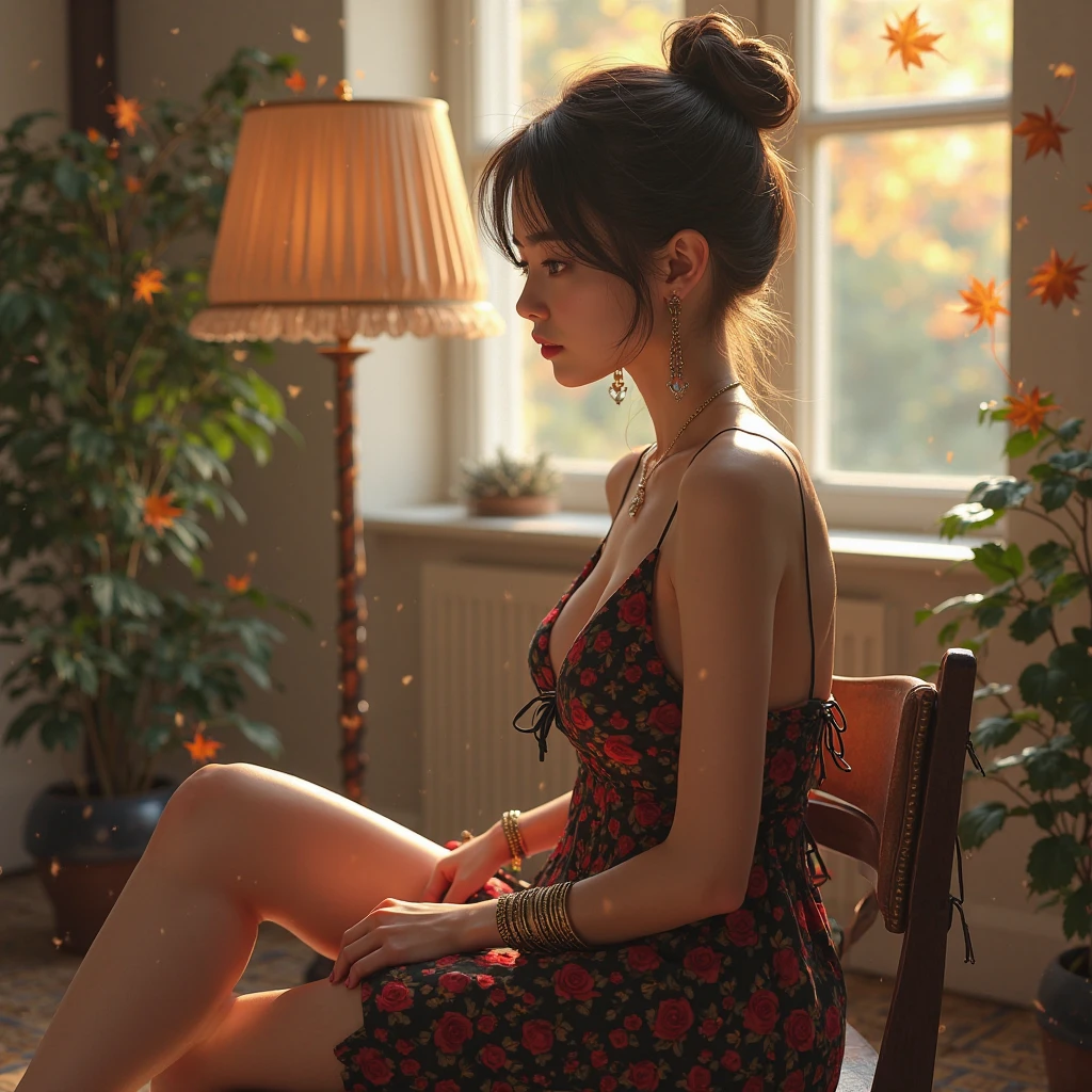 (photorealism:1.2),cute woman, sitting on chair, wearing loose off-shoulder top, short pants, short straight hair, ballroom dance floor, soft lighting, plants and chairs in background, window with sunlight, cozy room, try to wear dance shoes, realistic, intricate details, warm colors,