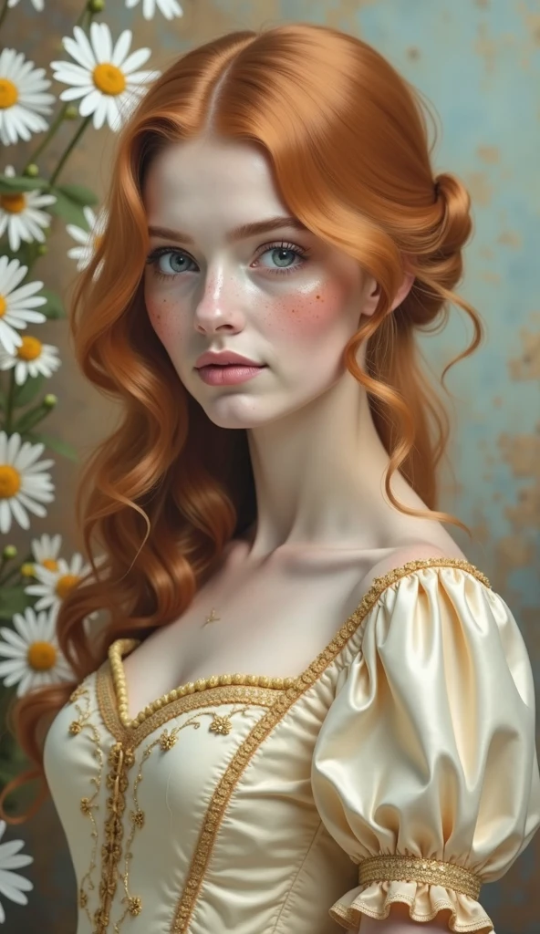 A realistic portrait of a 25 years old woman, with red hair in soft waves, light blue eyes, adorned with freckles, wearing a princess cream coloured dress with a honey coloured bodice with golden embroderies, a small golden daisy clip in the hair, a vintage wall in background, large sweet eyes, parted lips, 