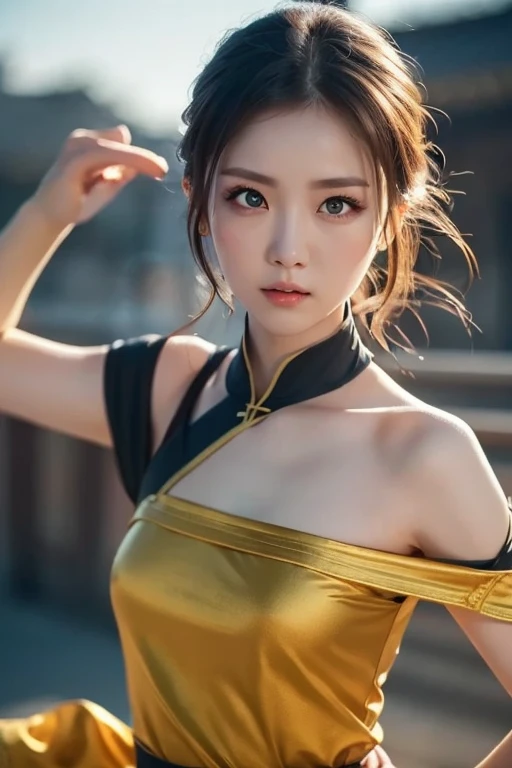 1girl,Tokyo Street,night,view of the ancient city of Japan,face details,hand details,city lights,half body view,cleavage,(((big breasts))),8k,RAW photos,best quality,masterpiece,realistic,photos -realistic,best quality,masterpiece, very high resolution), 8K, 1girl, ((ninja suit)), from below, (((samurai detail:1,5))), natural skin texture, skin pores, texture natural skin, dynamic poses, film details,