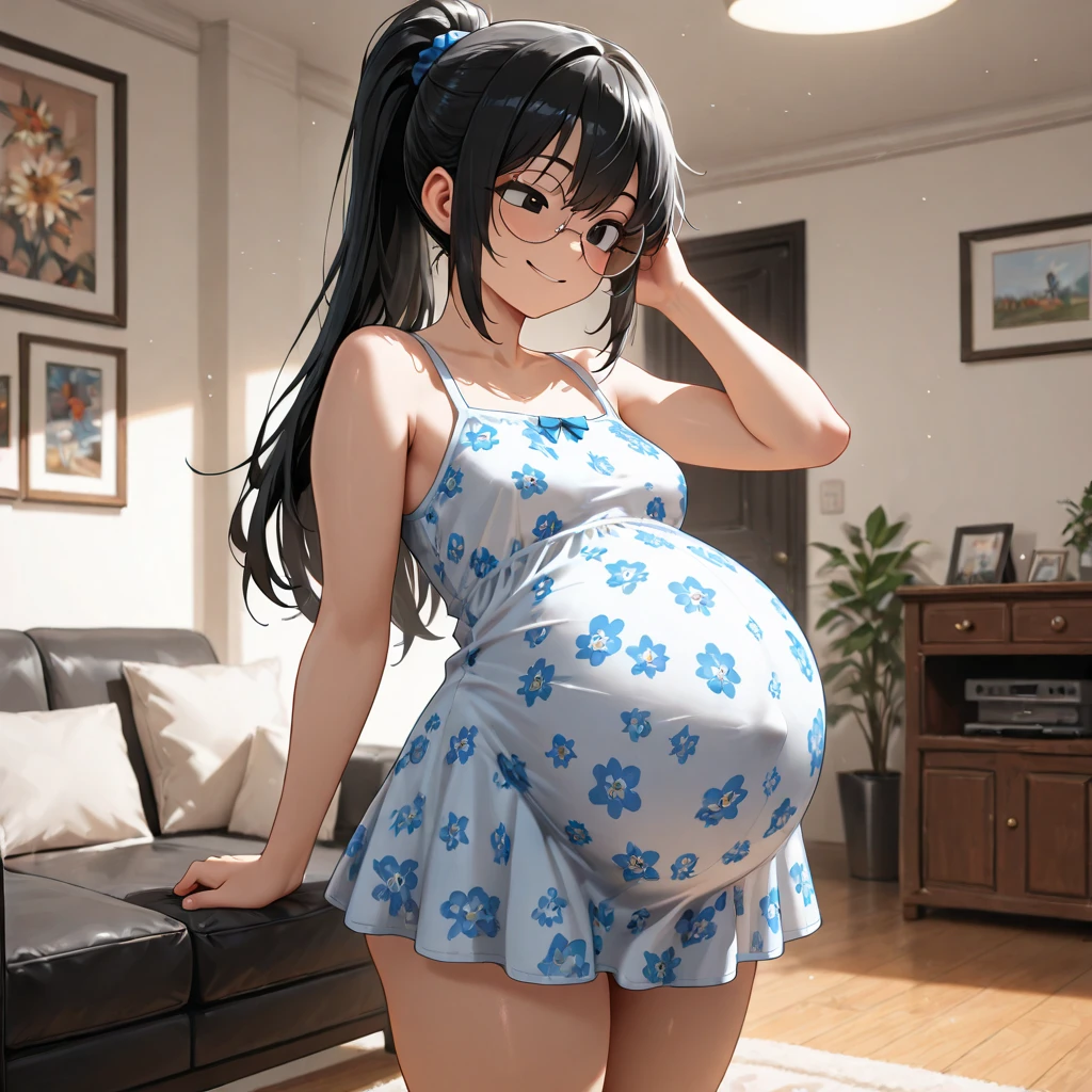 sexy young Japanese teenage goth girl with huge boobs taking a selfie, pregnant, curly long black hair, looking at viewer, short black clothes