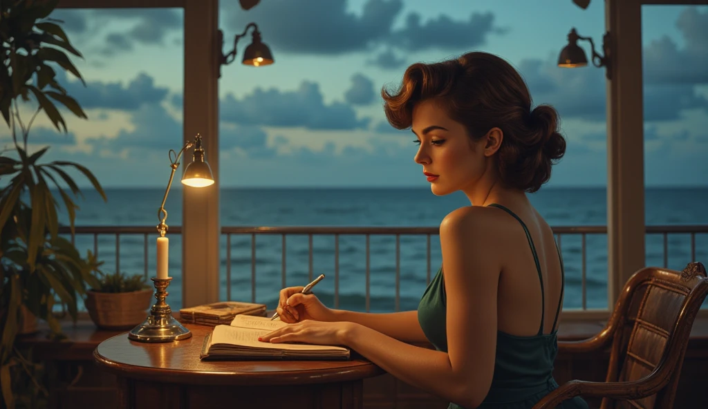 Evening scene of a woman writing in a notebook by candlelight on a terrace, gentle breeze moving her hair, ocean waves in the distance, soft jazz mood

