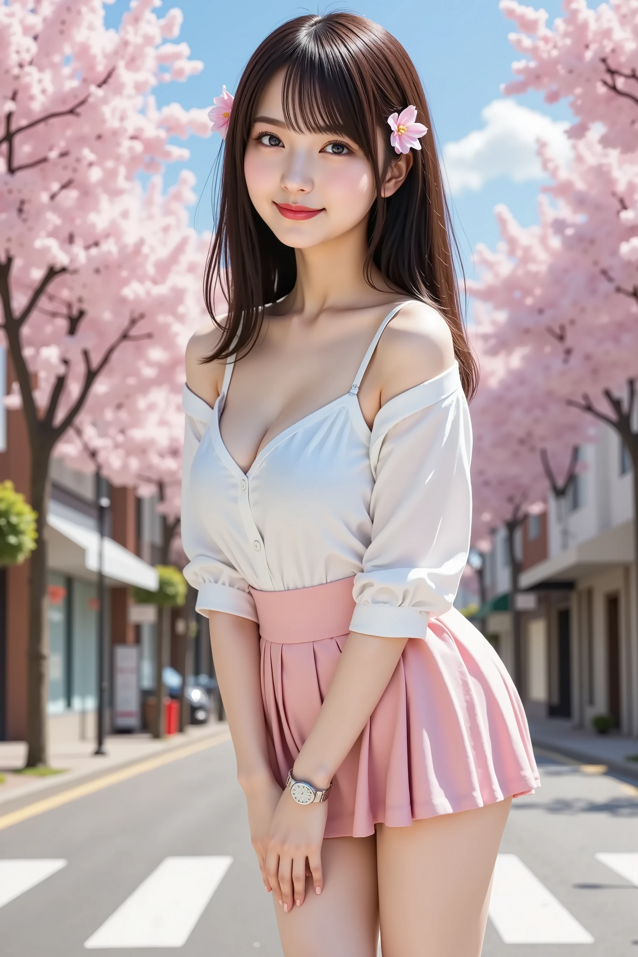 haruka, firm breast, high-resolution 8K ultra-detailed anime-style CG illustration of a cheerful young woman posing confidently on a city street lined with cherry blossom trees in full bloom. The composition is fully centered and vertically framed, making sure her entire body, including the top of her head and her high heels, is completely visible within the image with no cropping. She leans forward slightly with both hands held together just above her knees, creating a playful and friendly gesture. Her long, flowing dark brown hair shines with natural highlights and cascades past her shoulders, adorned with small pink sakura flower hair accessories on each side that match the season. Her bangs are soft and slightly parted, framing her expressive, bright blue eyes and smiling face, flushed with a gentle blush.
She wears a low-cut, form-fitting white blouse with rolled-up sleeves, designed to emphasize her curves while remaining stylish and casual. The fabric is slightly taut around her chest, adding realistic creases and tension that enhance the depth of the image. Her outfit is paired with a high-waisted pleated pink mini skirt that flares out slightly, swaying with her pose and reflecting light softly across the folds. The color palette of her clothes harmonizes with the blooming cherry blossoms and creates a fresh springtime mood. On her wrist is a slim watch, and her feet are adorned with glossy black high heels that add elegance and maturity to her youthful charm.
The background features a clean, sunny street in a quiet town, with modern storefronts and apartments lining the sides. The sky is clear blue with just a few wispy clouds, and warm sunlight filters through the cherry blossoms, casting soft shadows across the crosswalk beneath her. The trees are filled with delicate pink petals, some of which appear to be fluttering gently in the breeze. The pavement reflects subtle highlights, adding realism to the city environment. The entire scene is rendered in a