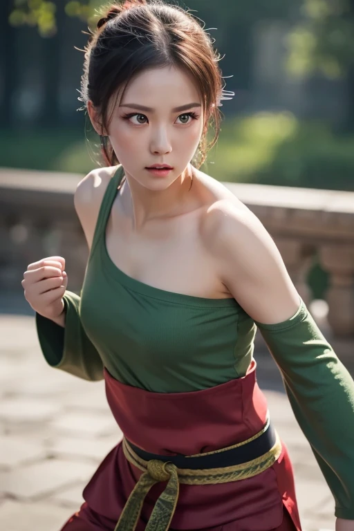 Kung fu fighting,  best quality , Masterpiece,  ultra high definition, (Realism: 1.4),   Original Pictures ,  1 GIRL,  green eyes,  off shoulder,  Cinematic Lighting