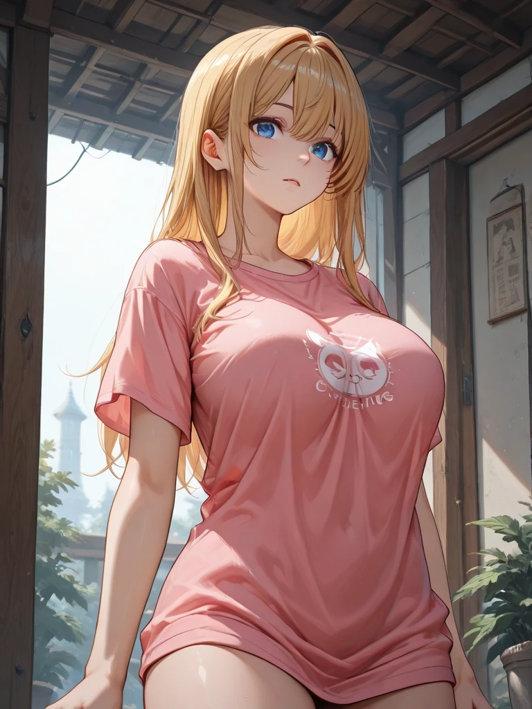 and is wearing a ( shoulder length ), Blue eyes and big breasts. Wearing pink T-shirt, gold hair, Long Fit,Short sleeve, No Bra,no pants, the outdoor wet. The t-shirt clings to her body and is a little transparent. wide angle shot. Haiper realism ,spirit a lot